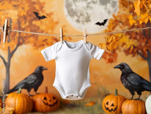 Baby bodysuit hanging on a clothesline with Halloween backdrop featuring spooky trees, crows, and full moon, rustic and eerie vibe photo