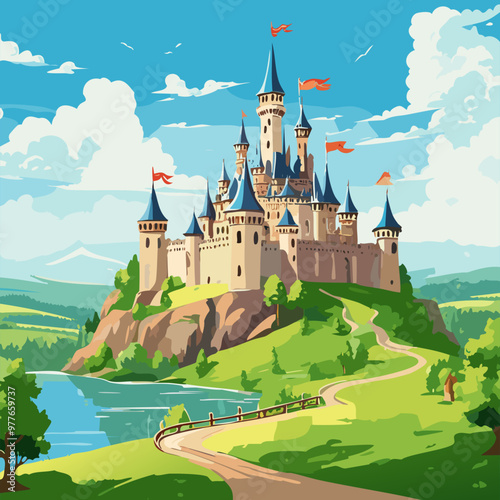 Medieval castle perched on a hill vector art illustration design
