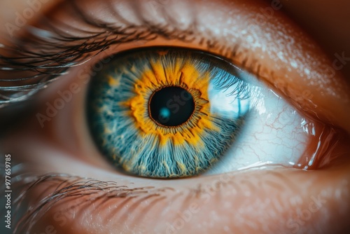 Bright green blue eye iris with vibrant colors and defined pupil surrounded by natural skin and eyelashes emphasizing high definition texture
