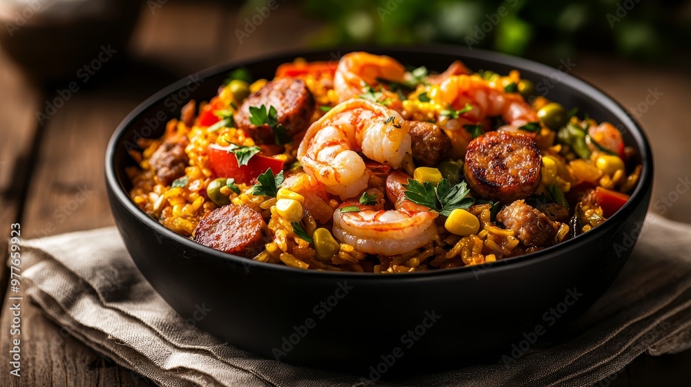Closeup of a Black Bowl of Jambalaya with Shrimp Sausage and Corn on a Rustic Wooden Table Closeup of a Black Bowl of Jambalaya with Shrimp Sausage and Corn on a Rustic Wooden Table