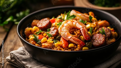 Closeup of a bowl of jambalaya with shrimp sausage and corn shot from a low angle on a rustic wooden table