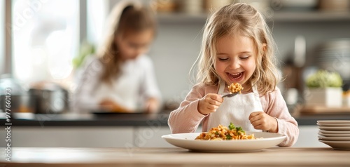 Little Girls Joyful Bite A CloseUp of a Happy Child Enjoying a Meal in a Warm Kitchen Setting