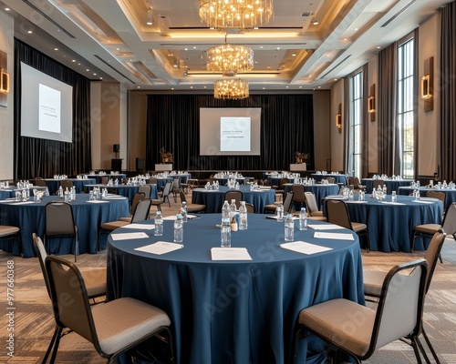 LowAngle View of a Conference Room Setup with Blue Tablecloths Water Bottles and Papers A Large Screen with a Presentation on it is Behind the Tables
