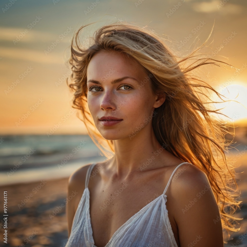 woman on the beach at sunset woman on the beach at sunset
