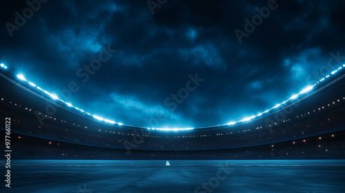 A night scene in a bustling stadium with glowing floodlights reflecting off the polished seats. The sky is a deep midnight blue, with faint stars shimmering above the electric atmo