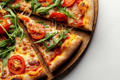 CloseUp of Pizza Slice on Wooden Board with Argula and Cherry Tomatoes