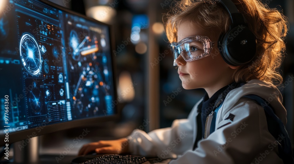 Portrait of child dressed as a quantum physicist, studying particle collisions on a computer in a high-tech physics lab. Portrait of child dressed as a quantum physicist, studying particle collisions on a computer in a high-tech physics lab.