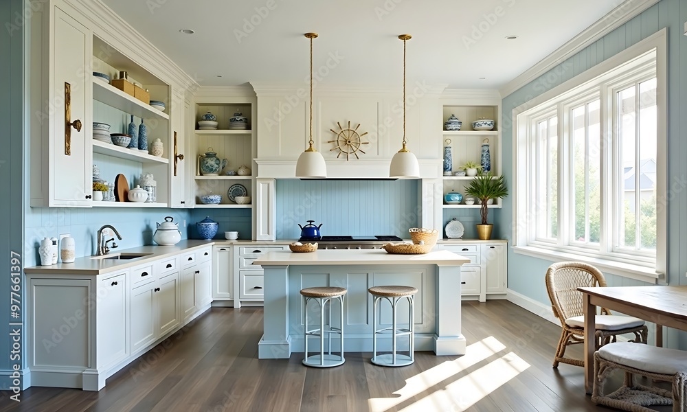 Fototapeta premium Bright Coastal Kitchen with Nautical Decor