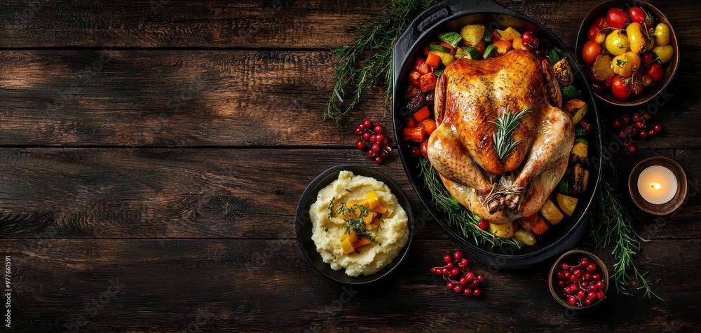 Overhead View of Roasted Turkey with Sides on Rustic Wooden Table Autumnal Feast Concept