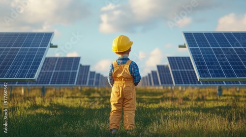 Portrait of child dressed as a renewable energy engineer, inspecting solar panels in a vast field of solar arrays.