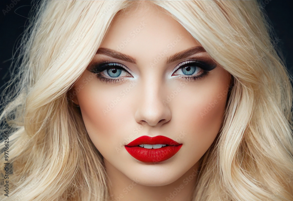 Close-up portrait of a blonde girl. Red lipstick on the lips. Facial care. Beautiful girl with blue eyes and long hair. Close-up portrait of a blonde girl. Red lipstick on the lips. Facial care. Beautiful girl with blue eyes and long hair.
