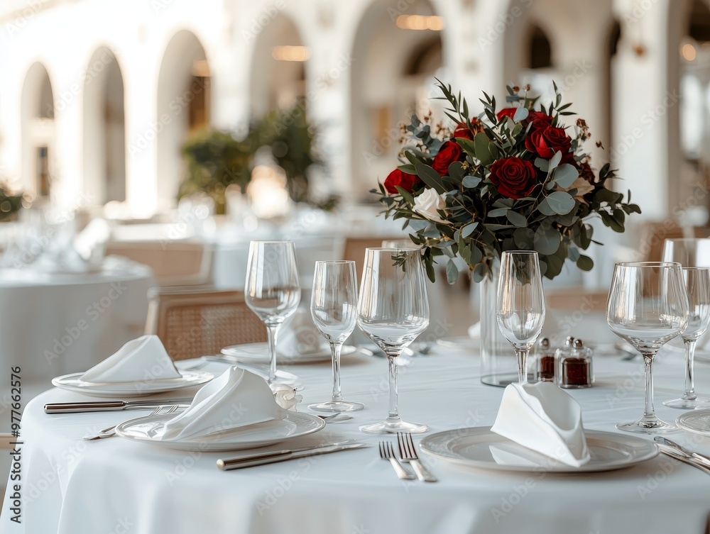Elegant Table Setting with Red Roses and Arched Background CloseUp Perspective Soft Light Elegant Table Setting with Red Roses and Arched Background CloseUp Perspective Soft Light