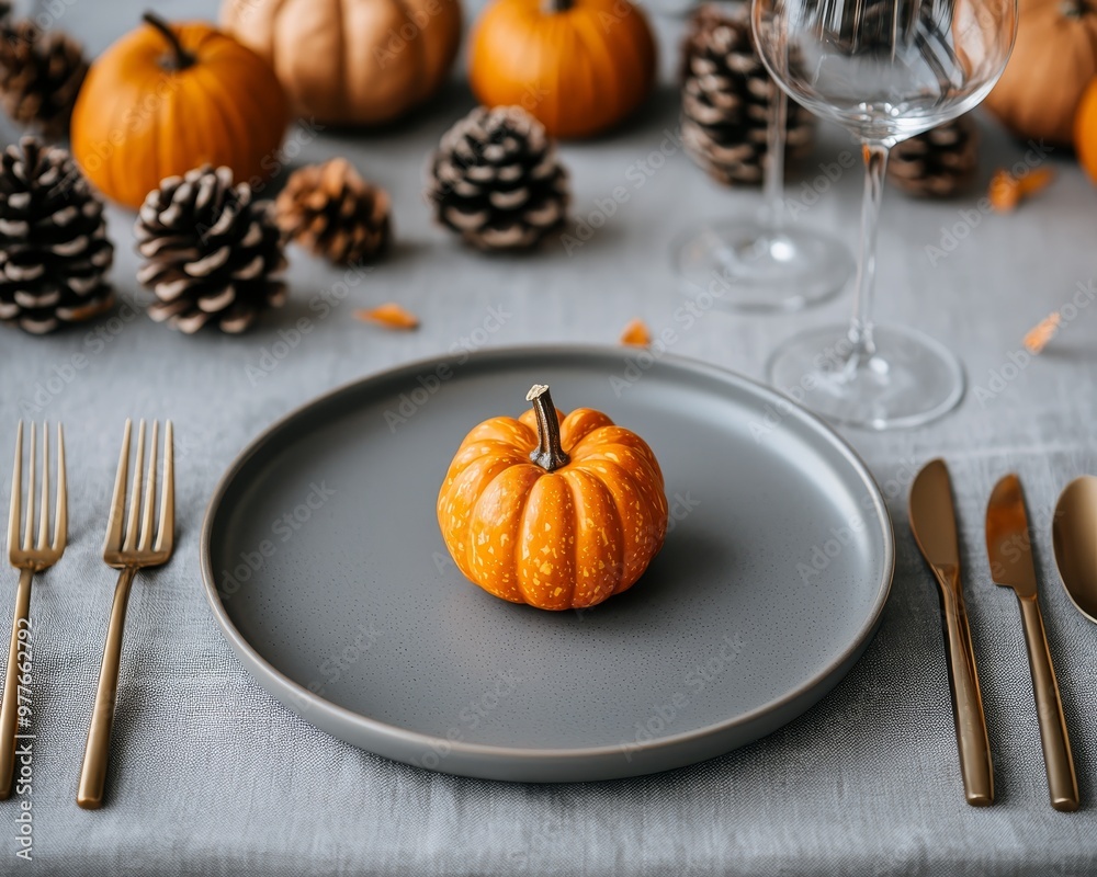 Single Mini Pumpkin on Gray Plate Rustic Autumn Table Setting with Pine Cones and Golden Flatware Single Mini Pumpkin on Gray Plate Rustic Autumn Table Setting with Pine Cones and Golden Flatware