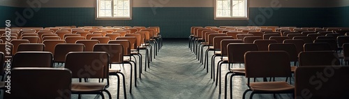 Empty Rows A lowangle perspective captures rows of brown chairs receding into the distance set against a teal tile wall illuminated by natural light from windows