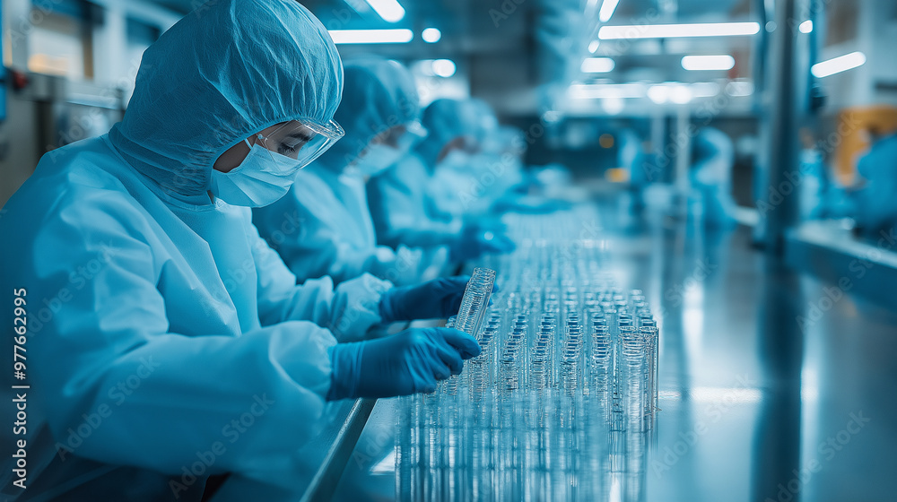 Rows of glass ampoules being filled with a clear solution, with workers in protective gear monitoring the process in a sterile, modern pharmaceutical factory. Rows of glass ampoules being filled with a clear solution, with workers in protective gear monitoring the process in a sterile, modern pharmaceutical factory.