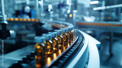Wallpaper Mural A close-up of a conveyor belt moving glass ampoules along the production line, where automated machinery fills each one with liquid medicine in a clean, futuristic environment. Torontodigital.ca