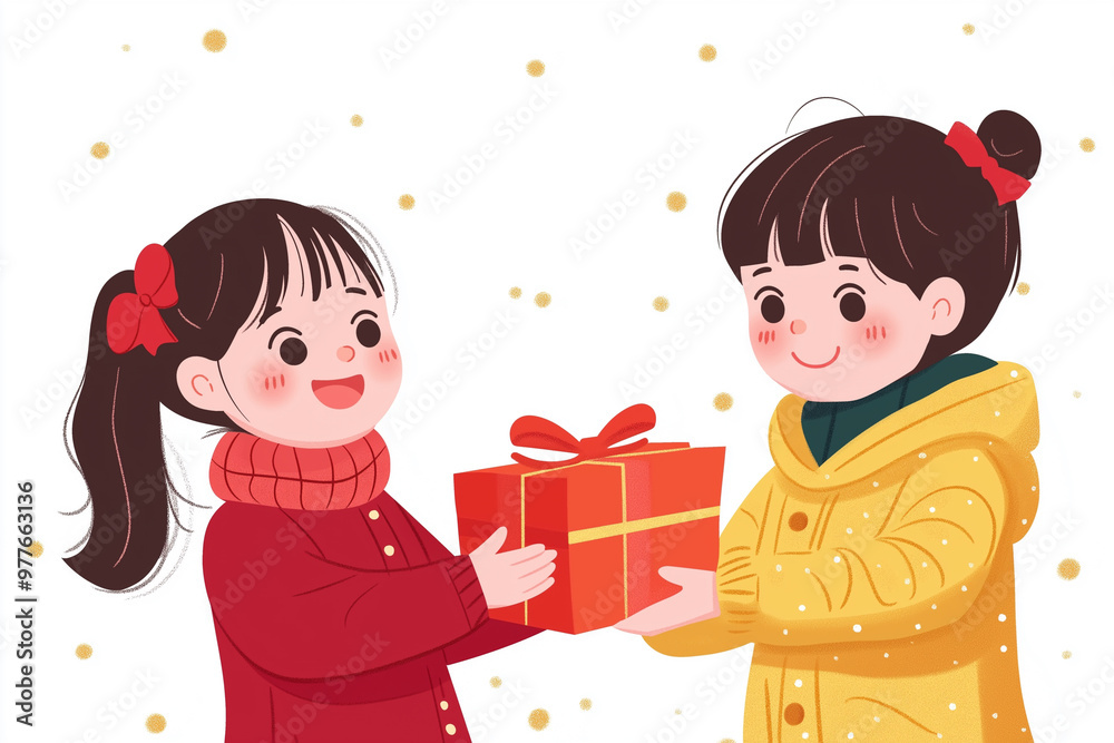 Illustration of a child holding a Christmas gift on a white background, New Year, gifts Illustration of a child holding a Christmas gift on a white background, New Year, gifts