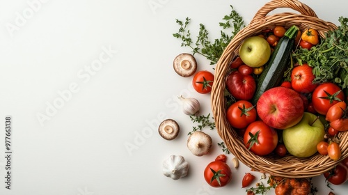 Fresh Harvest Wicker Basket Overflowing with Vibrant Produce on a White Wooden Background