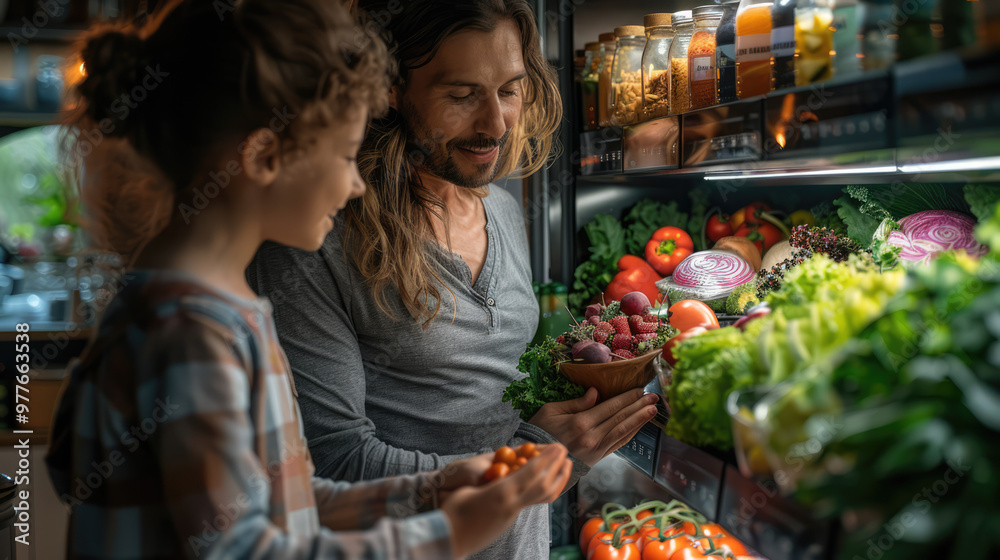 Obraz premium A family using a smart refrigerator with a touchscreen interface, showcasing connected kitchen appliances