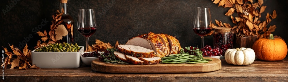 Thanksgiving Feast Roasted Turkey Wine and Fall Colors on Rustic Wooden Table Thanksgiving Feast Roasted Turkey Wine and Fall Colors on Rustic Wooden Table