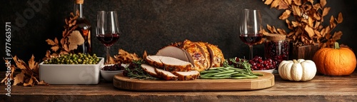 Thanksgiving Feast Roasted Turkey Wine and Fall Colors on Rustic Wooden Table