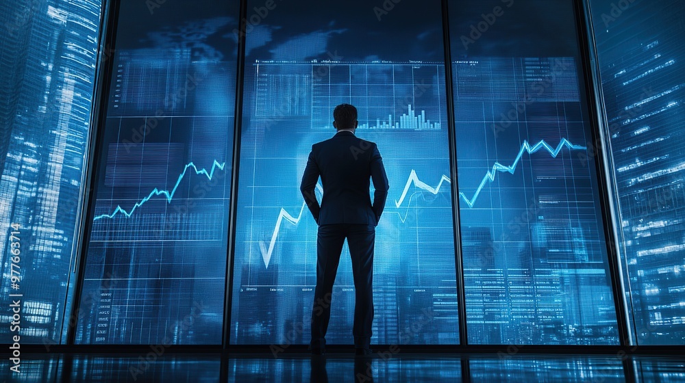 business leader standing in front of a large screen with a growth chart, confident and triumphant business leader standing in front of a large screen with a growth chart, confident and triumphant