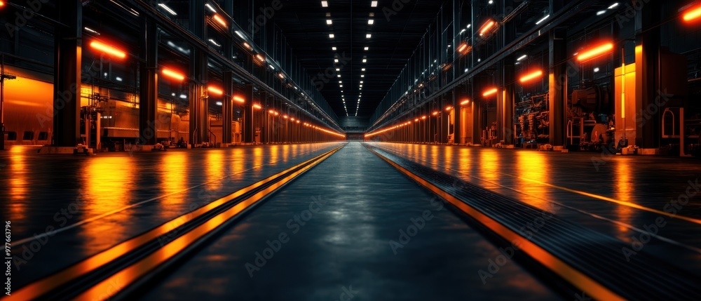 A vibrant industrial hallway featuring glowing lights and polished floors, perfect for modern architectural and design projects. A vibrant industrial hallway featuring glowing lights and polished floors, perfect for modern architectural and design projects.