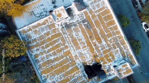 Aerial top down of Prospect Heights Brooklyn abandoned roof during fall in New York City NY photo