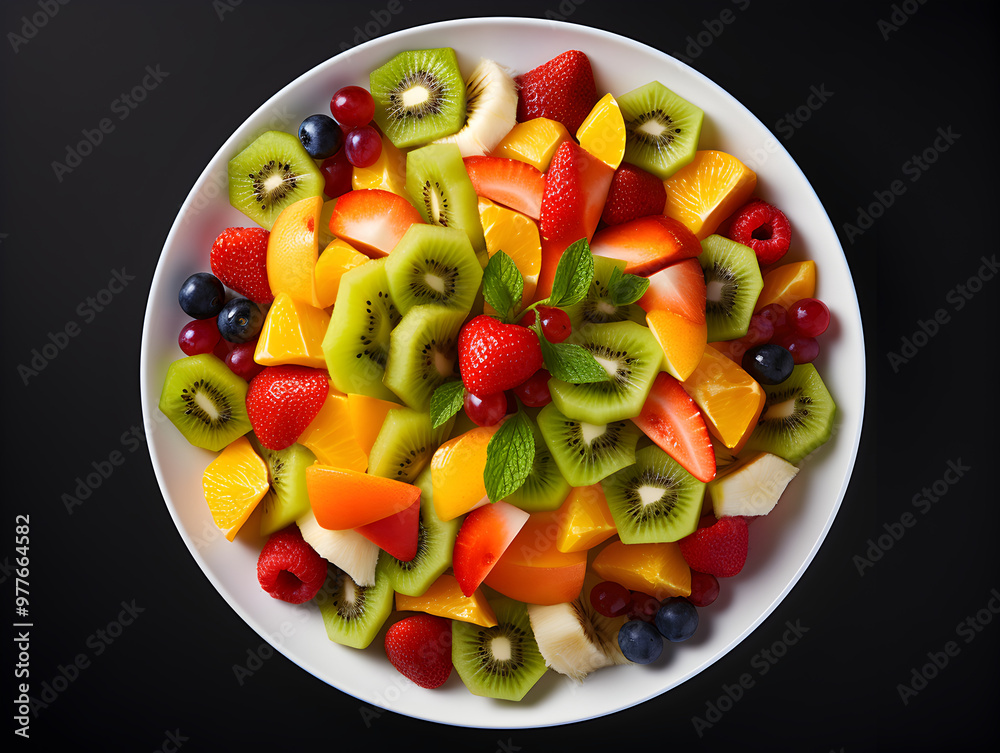 Top view of a bowl fruit salad on dark background Top view of a bowl fruit salad on dark background