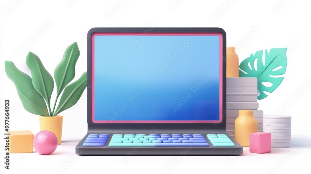 A vibrant workspace featuring a laptop surrounded by colorful plants, stylish containers, and playful decorative elements. A vibrant workspace featuring a laptop surrounded by colorful plants, stylish containers, and playful decorative elements.