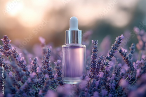 A bottle of perfume is sitting in a field of purple flowers