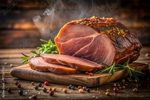 A large piece of ham is sliced and placed on a wooden cutting board. The ham is surrounded by a variety of spices, including black pepper, and a few sprigs of rosemary. photo