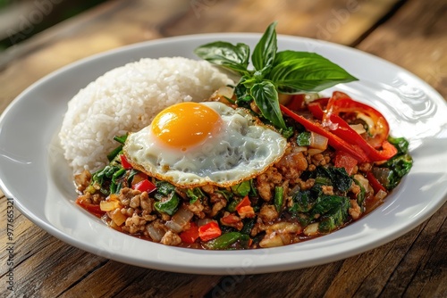 Pad kra pao with rice and fried egg, white plate on wood table. Close-up