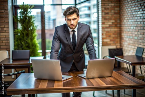 A man in a suit sits at a table with two laptops in front of him. He is faced with a choice.