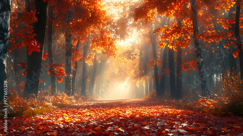 Autumn Forest Path with Sunrays Illustration