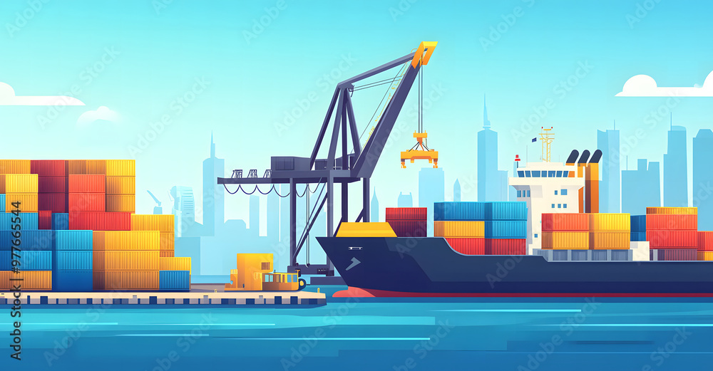 Fototapeta premium Cargo Ship at Dock with Cranes Loading Shipping Containers for Global Trade