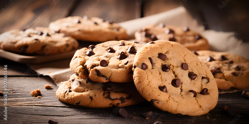 Close up of chocolate chip cookies on wooden table background Close up of chocolate chip cookies on wooden table background
