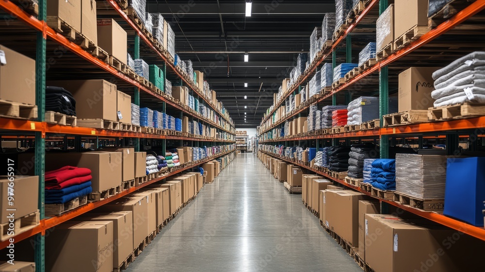 Warehouse Interior: Rows of Shelves Filled with Boxes