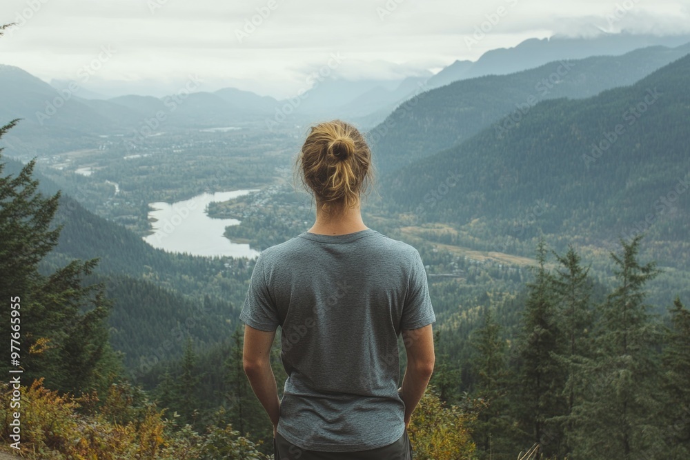 Naklejka premium Exploring Nature - Hiker Stands On Top of Mountain looking out 