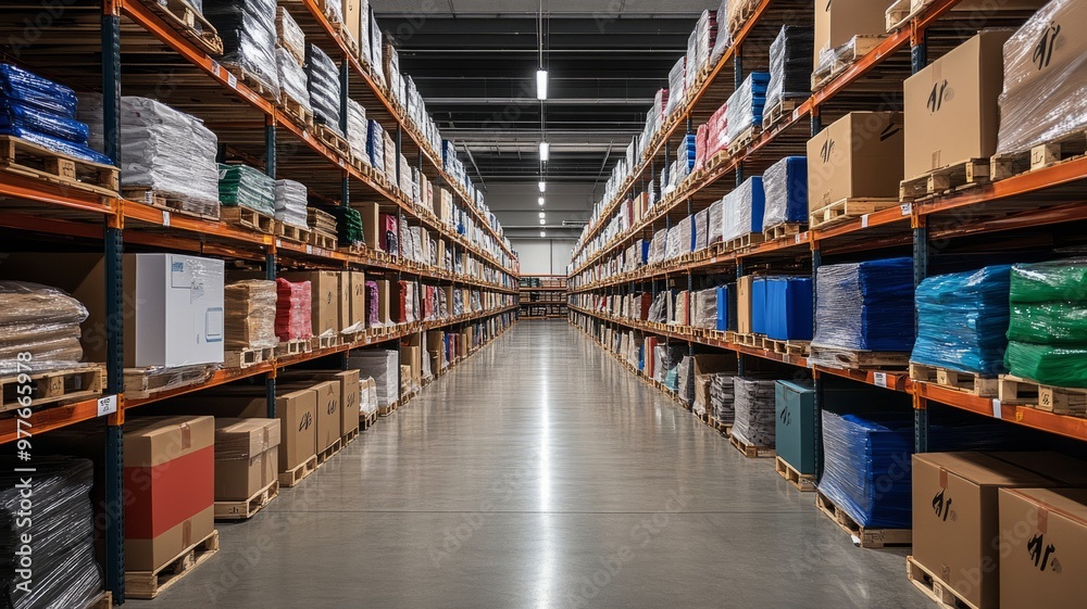 Modern Warehouse Interior with Rows of Shelves and Pallets Modern Warehouse Interior with Rows of Shelves and Pallets