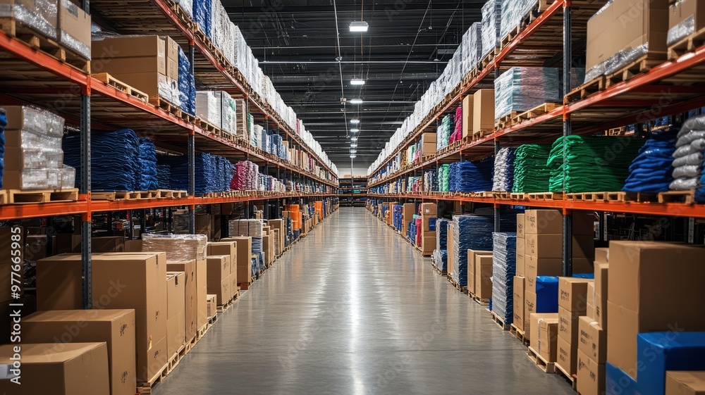 Empty Warehouse with Rows of Shelving and Pallets Empty Warehouse with Rows of Shelving and Pallets