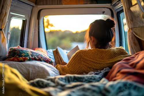 Young woman is relaxing inside her camper van, reading a book as the sun sets outside photo