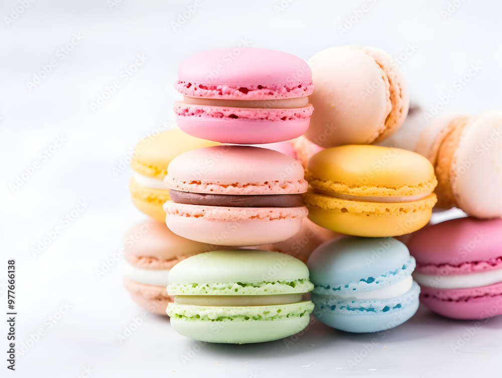 A stack of sweet pastel macaroons cookies on soft grey blurry background with cops space A stack of sweet pastel macaroons cookies on soft grey blurry background with cops space