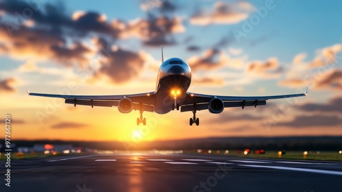 An airplane taking off against a stunning sunset, showcasing a beautiful blend of colors in the evening sky.