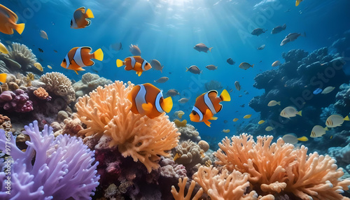 Vibrant underwater scene with clownfish swimming amidst a variety of colorful corals, illuminated by sunlight filtering through clear blue 