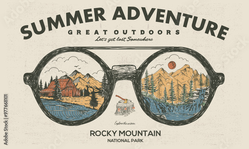 Wild lake vector artwork design. Wooden  sunglasses with mountain print design. Colorado national park artwork. Mountain adventure vintage print design for t shirt. 