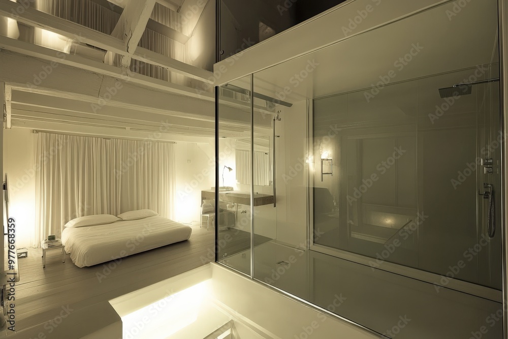 Glass Shower. Modern White Design in Loft Bathroom Interior Glass Shower. Modern White Design in Loft Bathroom Interior