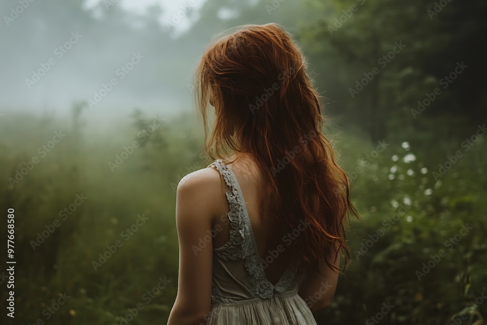 Mysterious Woman Standing in Foggy Forest with Back Turned to Camera Mysterious Woman Standing in Foggy Forest with Back Turned to Camera