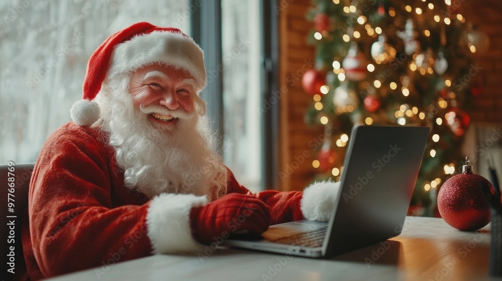 happy smilling Santa Claus sits at the table with laptop happy smilling Santa Claus sits at the table with laptop