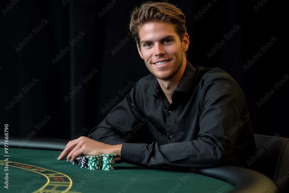 Poker player. Young guy in the casino at the gaming table. Man gambling, card games. 